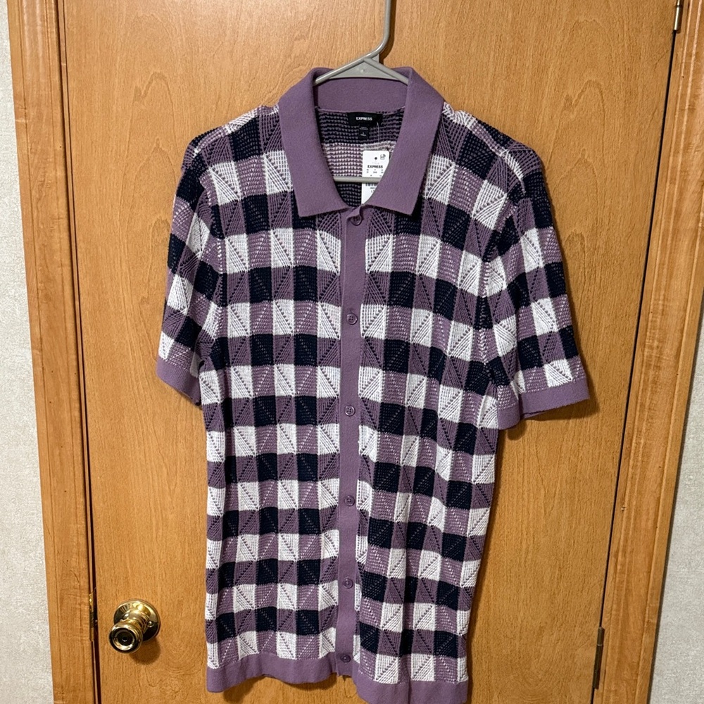 Express Mens LT Textured Check Cotton Short Sleeve Sweater Polo Shirt-BRAND NEW